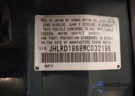 1998 Honda Cr-V Ex z USA, uszkodzony, nr VIN JHLRD1868WC032196